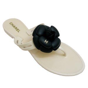 Chanel Cream / Black Camellia Flip Flops